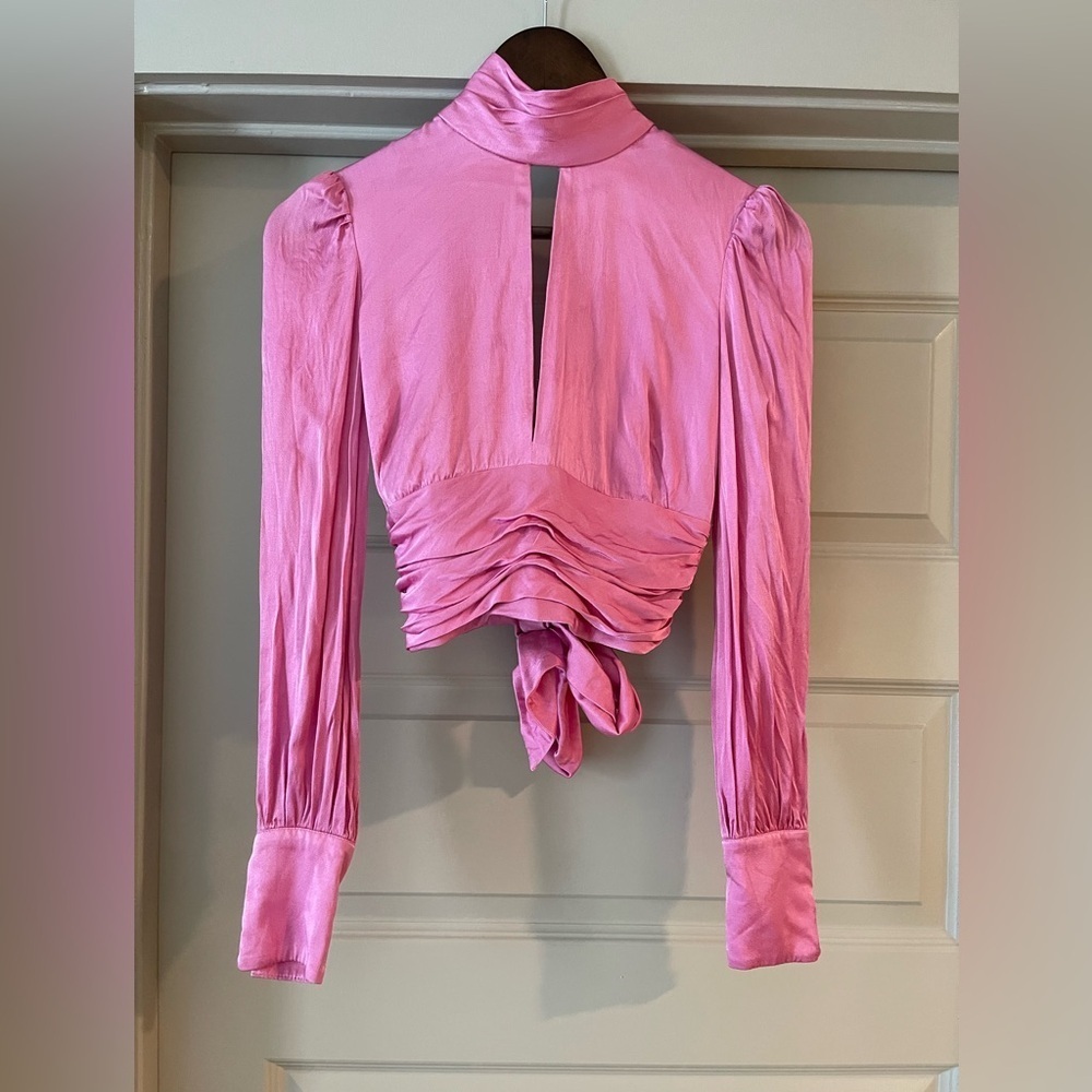 Bardot Pink Satin Long Sleeve Crop Top Small - Picture 2 of 5